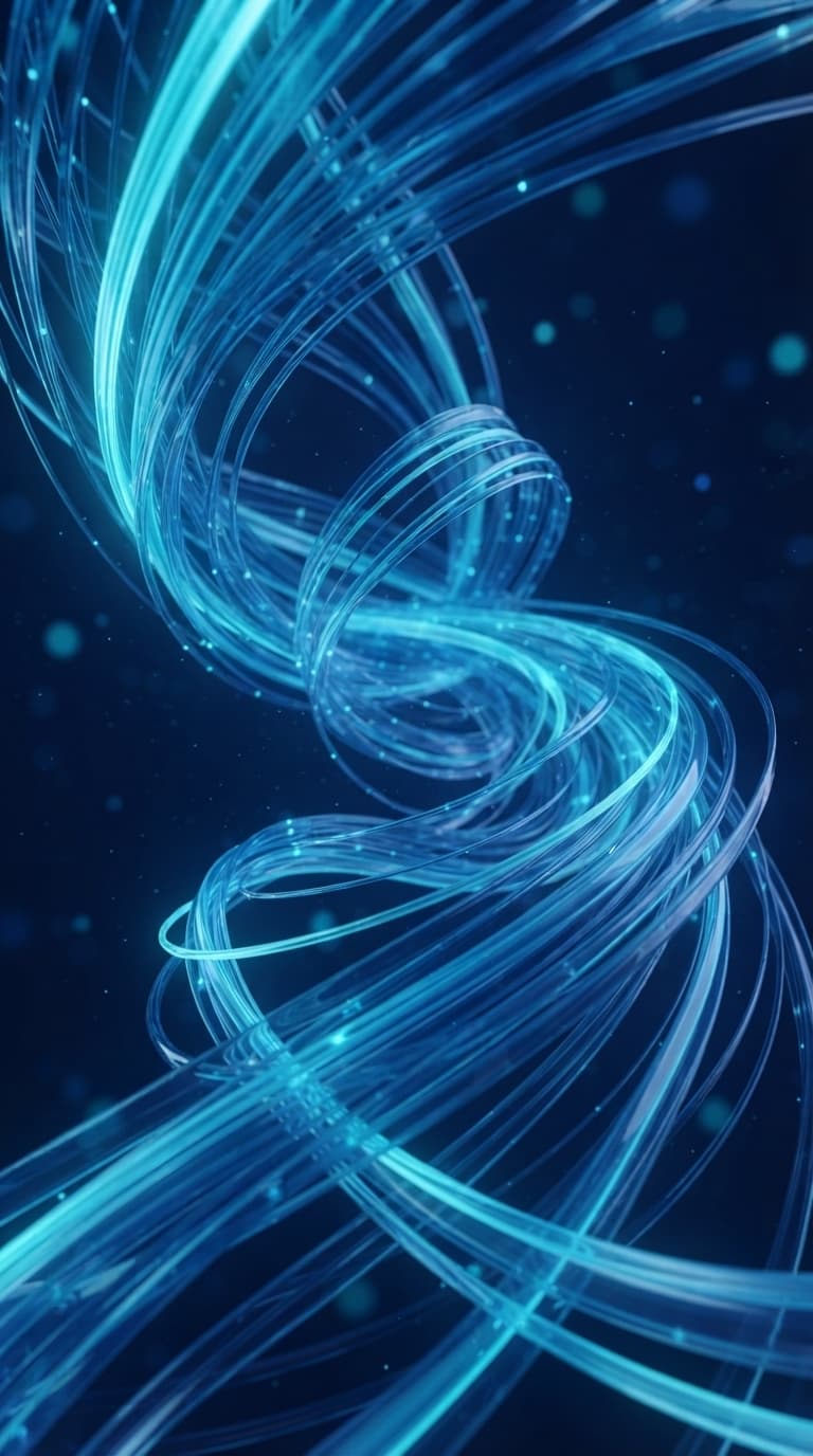 Illuminated fibre optic cables spiralling through dark space
