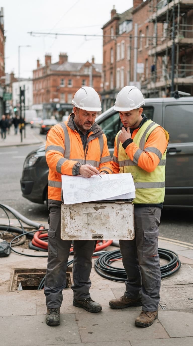 Quantum engineers reviewing site plans on a UK street install