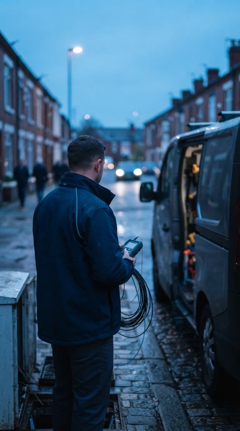 Quantum engineer testing fibre connectivity on a residential street at dusk